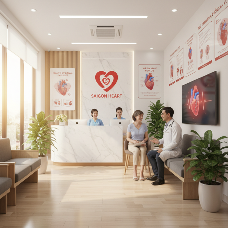 Phòng khám tim mạch hiện đại tại TP.HCM, bác sĩ đang tư vấn cho bệnh nhân trung niên