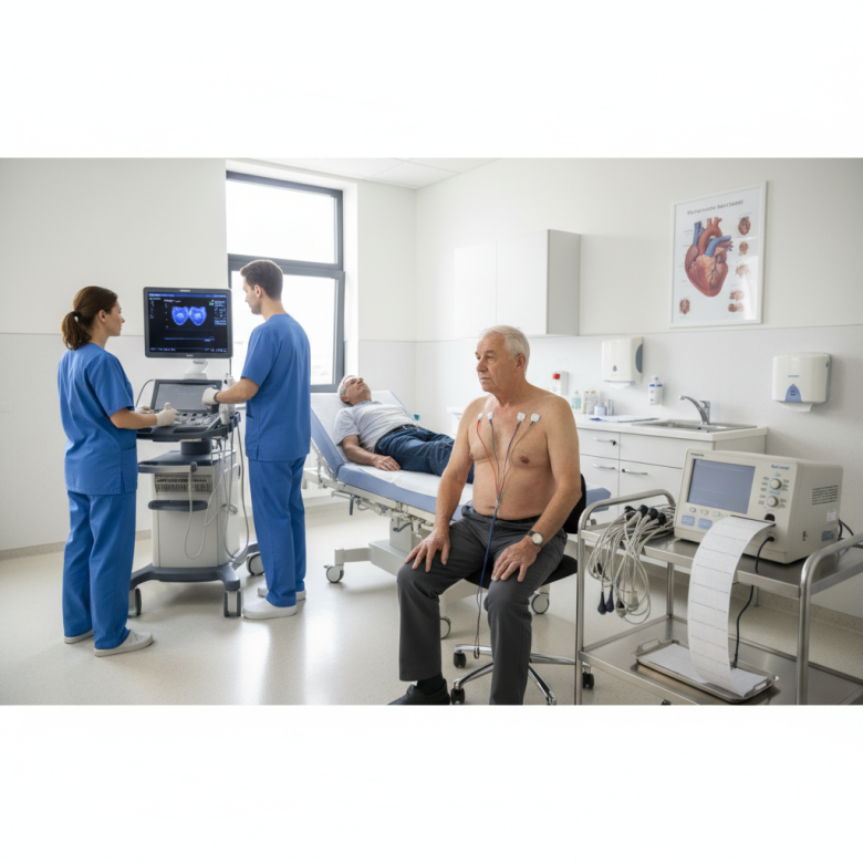 Các xét nghiệm tim mạch thường gặp: siêu âm tim, Holter, ECG trong phòng khám.