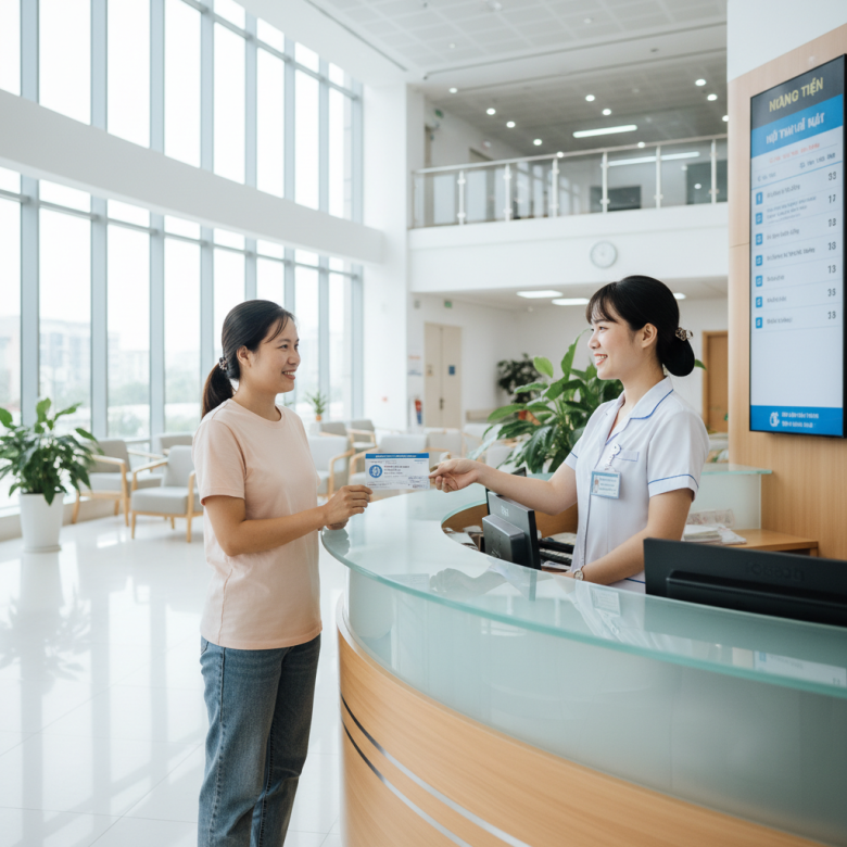 Bệnh nhân đưa thẻ bảo hiểm y tế tại quầy tiếp nhận bệnh viện