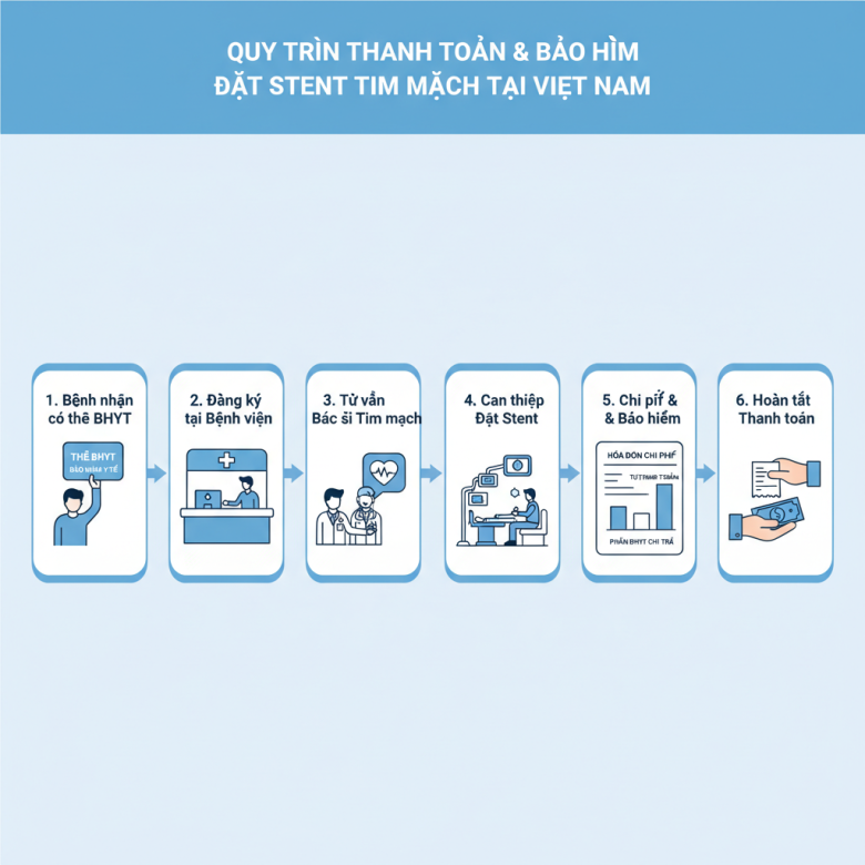 Infographic quá trình đặt stent và mức BHYT chi trả, phần được bảo hiểm và phần phải chi trả.