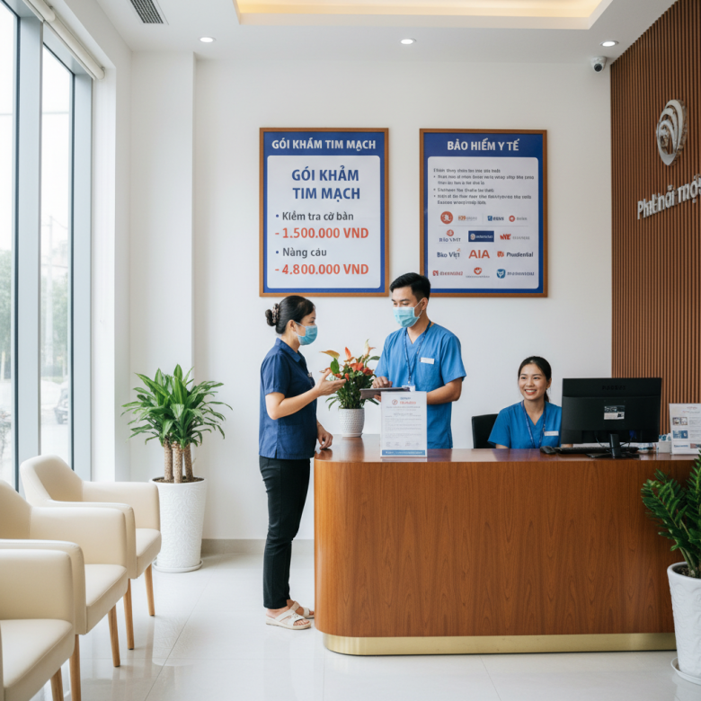 Bệnh nhân trao đổi chi phí khám tim mạch tại quầy tiếp nhận phòng khám (ảnh minh họa)