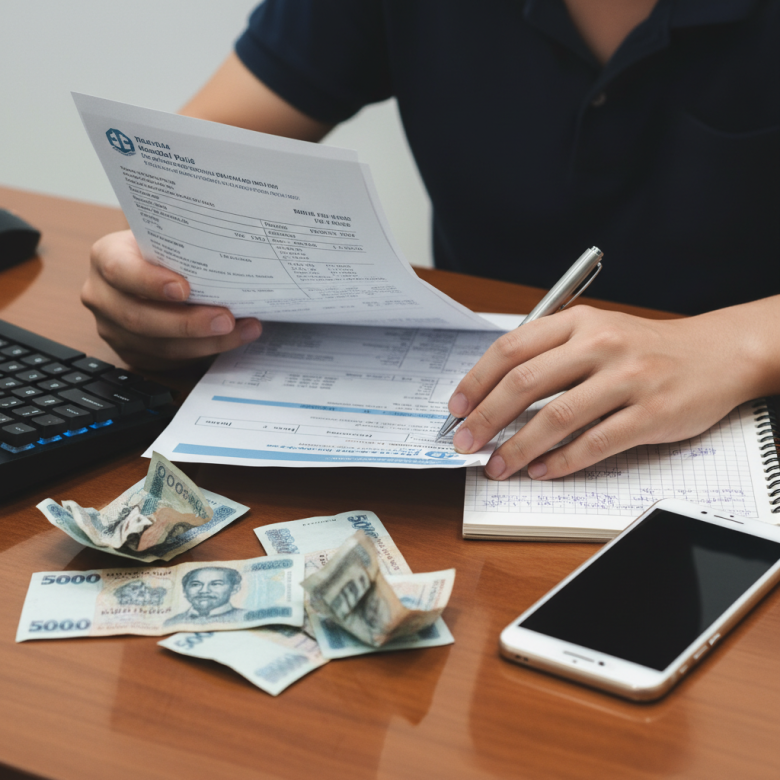 Người đang kiểm tra hóa đơn khám bệnh và ghi chú chi phí