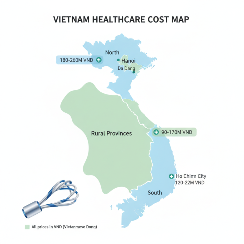 Bản đồ Việt Nam minh họa so sánh khoảng giá đặt stent mạch vành theo vùng miền (Hà Nội, Đà Nẵng, TP.HCM, tỉnh) với các mốc giá.
