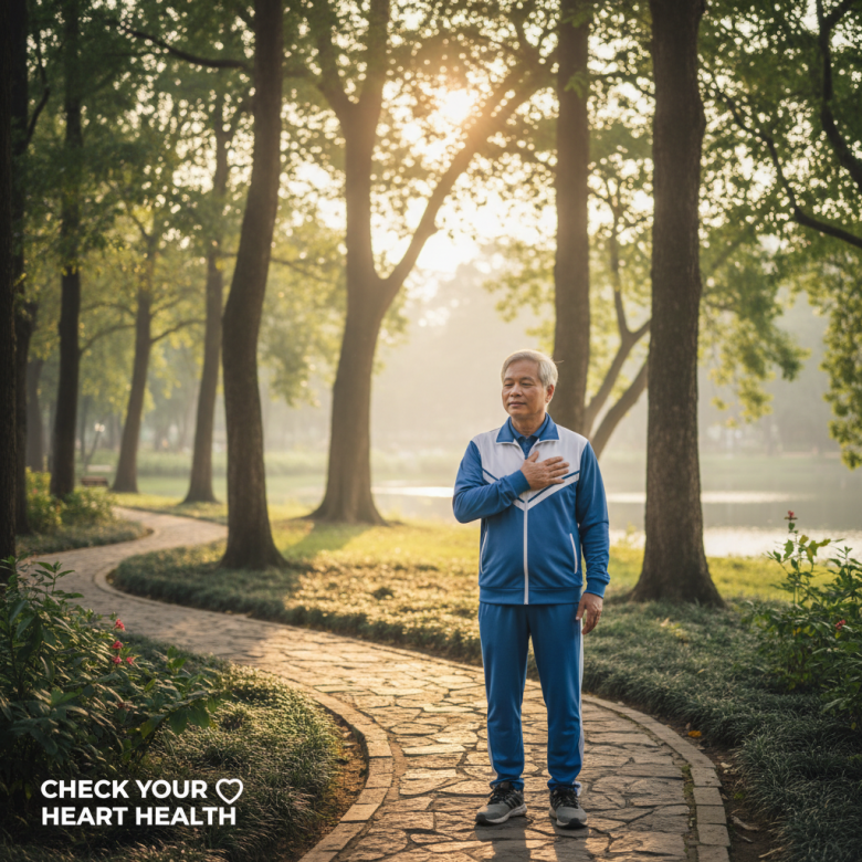 Hình minh họa người cao tuổi đặt tay lên ngực kiểm tra nhịp tim khi đang đi bộ trong công viên, thể hiện sự lắng nghe cơ thể, phong cách y tế nhẹ nhàng.