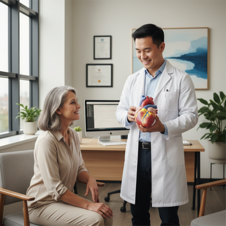 Bác sĩ tim mạch đang ân cần giải thích mô hình trái tim cho bệnh nhân tại phòng khám hiện đại, tạo cảm giác tin cậy và an tâm.