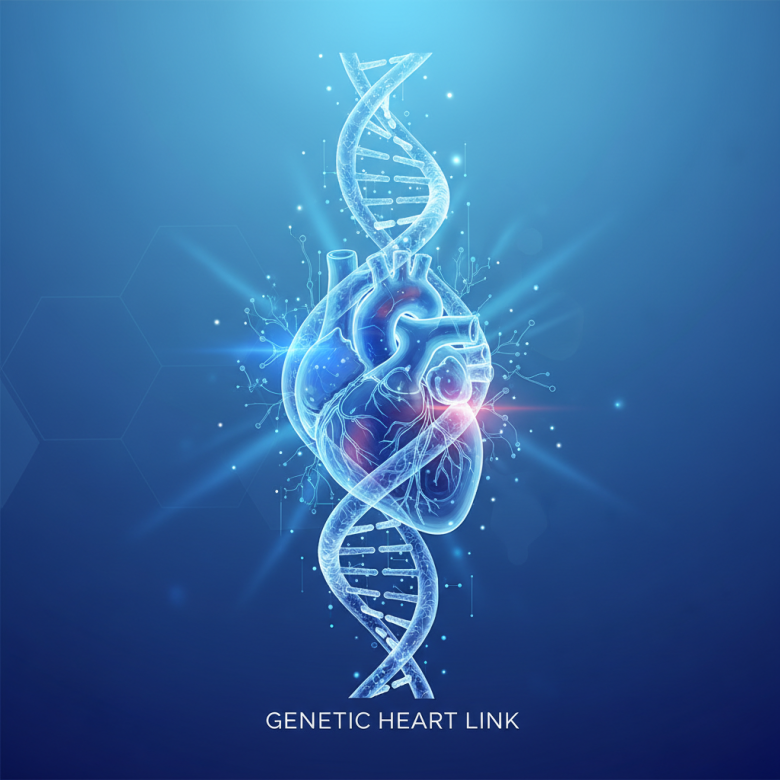 Minh họa cấu trúc chuỗi xoắn kép DNA kết nối với hình ảnh trái tim cách điệu, thể hiện mối liên hệ di truyền bệnh tim