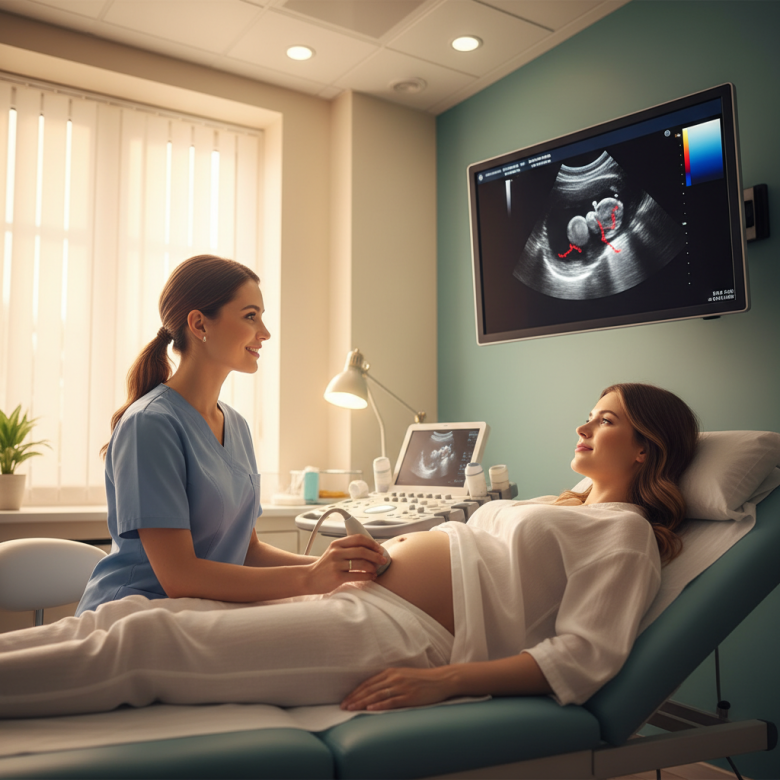 Bác sĩ đang thực hiện siêu âm tim thai cho phụ nữ mang bầu để tầm soát dị tật tim bẩm sinh