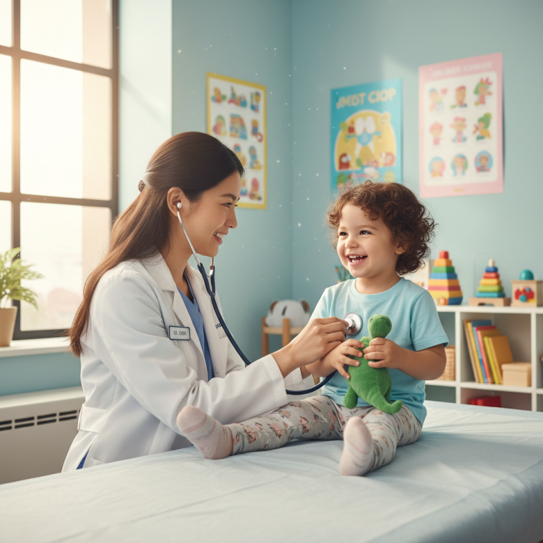 Một em bé khỏe mạnh đang cười vui vẻ, được bác sĩ nghe tim phổi, thể hiện niềm hy vọng và sự an tâm