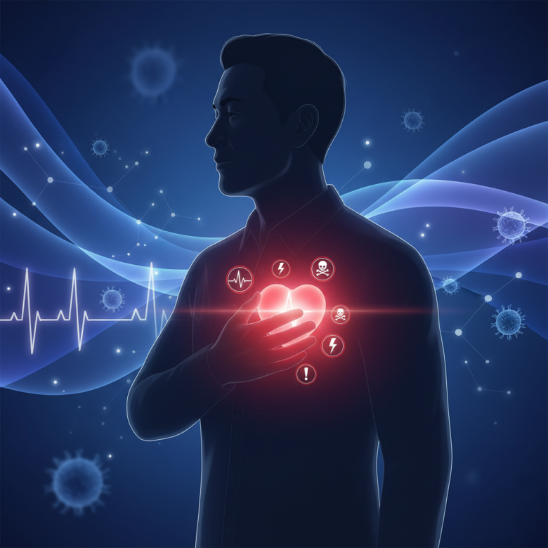 Hình minh họa bóng của một người đàn ông trung niên đang ôm ngực nhẹ, bên trong lồng ngực là hình ảnh trái tim phát sáng màu đỏ cảnh báo, thể hiện khái niệm bệnh tim thầm lặng và các nguy cơ tiềm ẩn bên trong cơ thể khỏe mạnh.