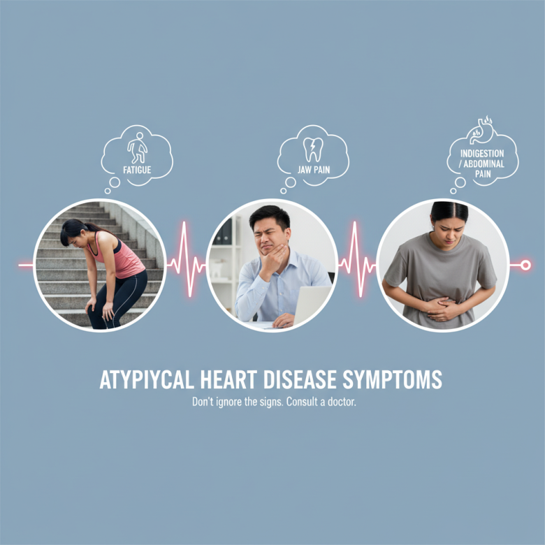 Hình ảnh so sánh các triệu chứng không điển hình của bệnh tim: một người phụ nữ cảm thấy mệt mỏi khi leo cầu thang, một người đàn ông xoa vùng hàm bị đau, và một người khác ôm bụng vì khó tiêu.
