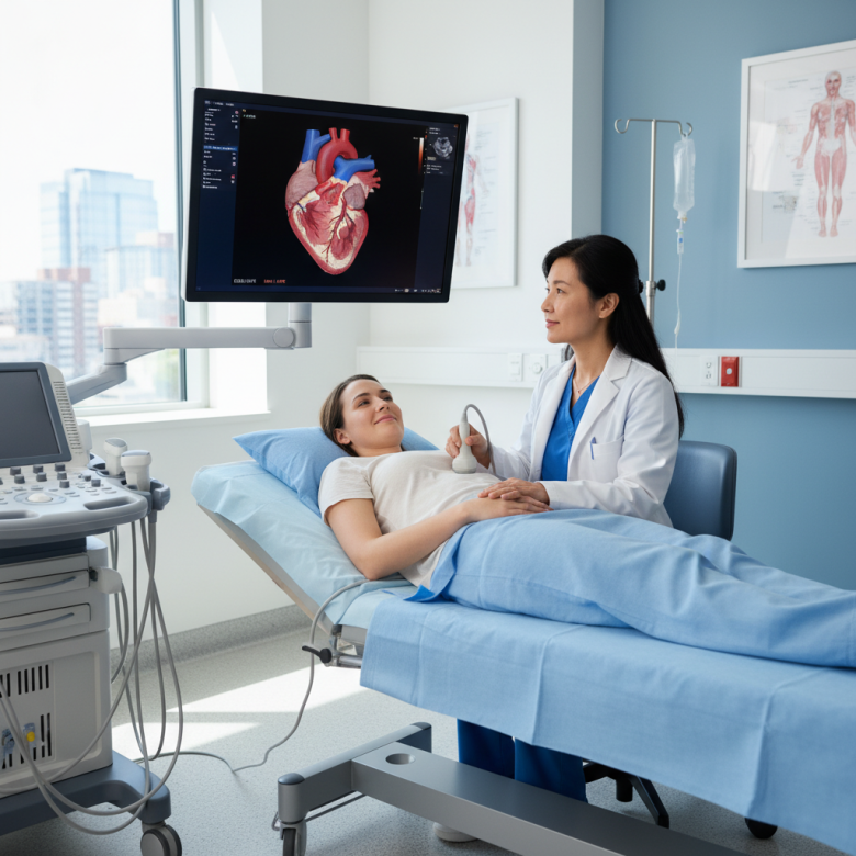 Bác sĩ tim mạch đang thực hiện siêu âm tim cho bệnh nhân, màn hình hiển thị hình ảnh cấu trúc tim rõ ràng, thể hiện sự tầm soát và phát hiện sớm bệnh tim.