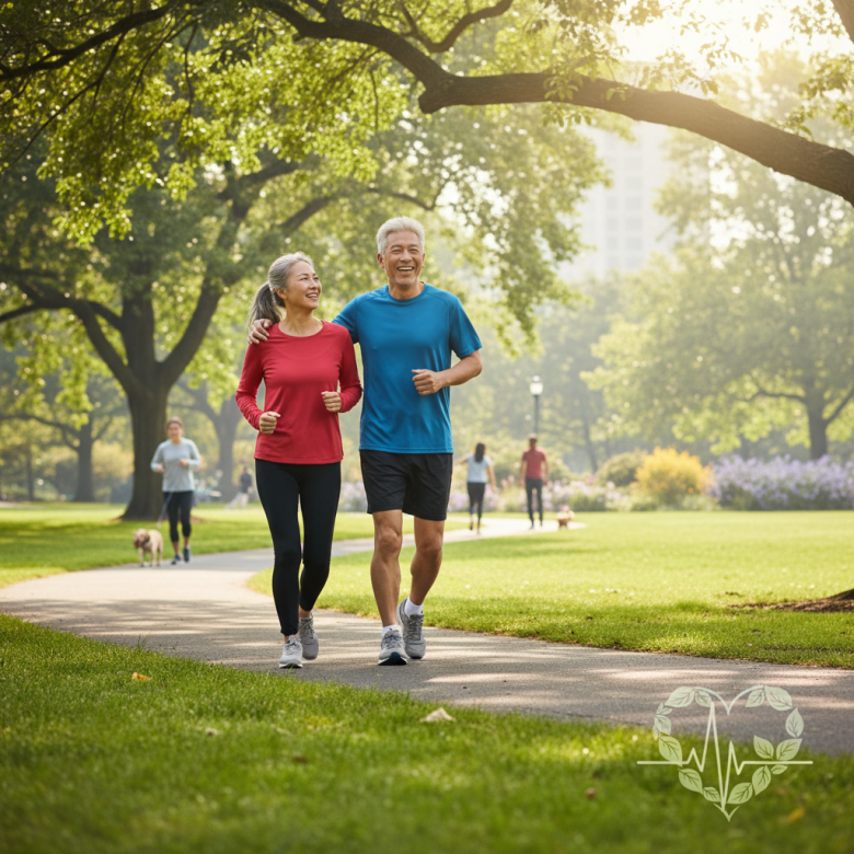 Cặp vợ chồng lớn tuổi đang chạy bộ vui vẻ trong công viên, thể hiện lối sống lành mạnh