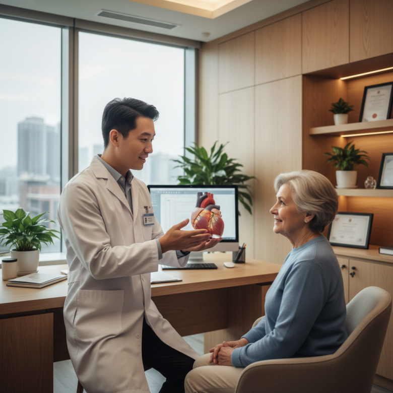 Bác sĩ tim mạch đang ân cần giải thích mô hình tim cho bệnh nhân lớn tuổi tại phòng khám